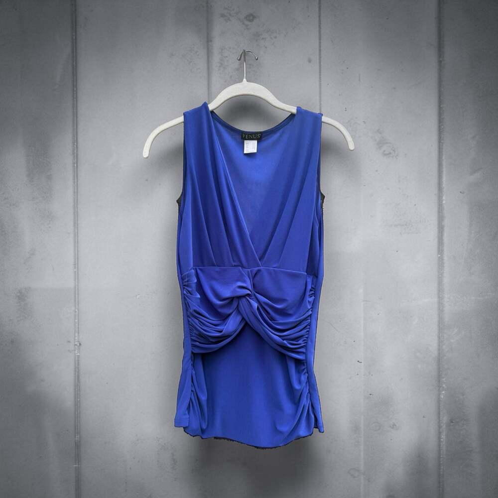 Venus Royal Blue Sleeveless V-Neck Ruched Side Knot Blouse Top